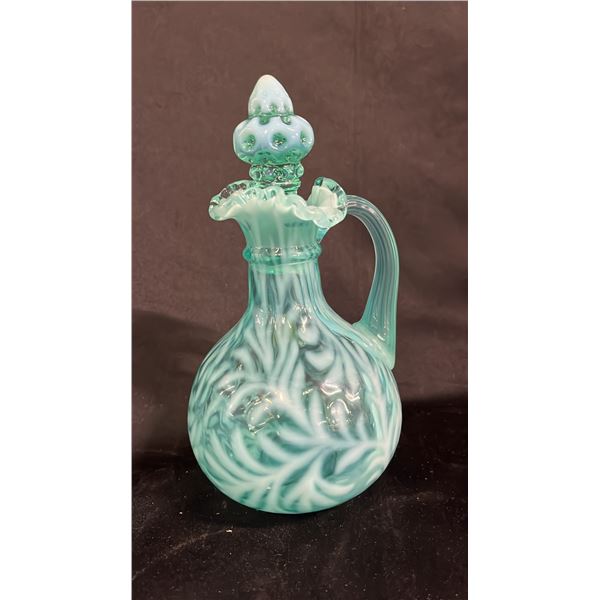 FENTON AQUA OPALESCENT "FERN & DAISY" CRUET: 7" TALL