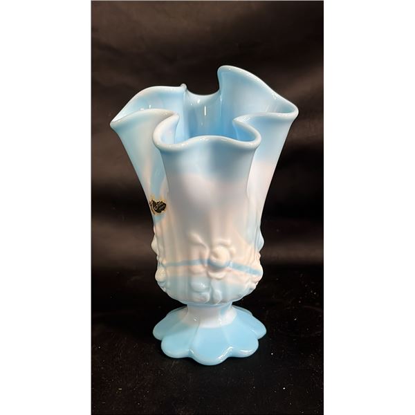FENTON BLUE & WHITE SLAG GLASS HANDKERCHIEF VASE: 5.25" TALL
