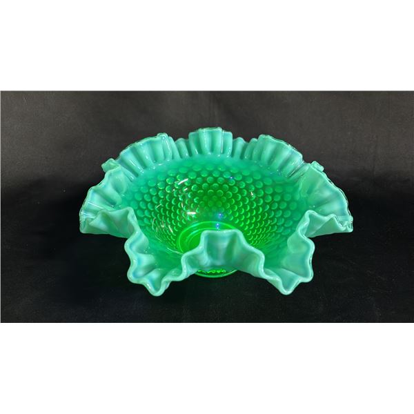 FENTON EMERALD GREEN OPALESCENT HOBNAIL URANIUM GLASS BOWL: 10" DIA.
