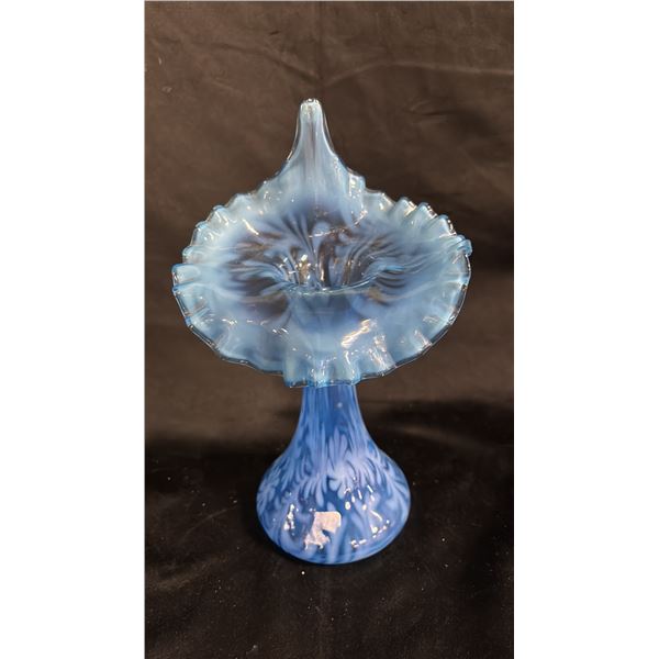 FENTON BLUE OPALESCENT "DAISY & FERN" JACK-IN-THE-PULPIT VASE: 11" TALL