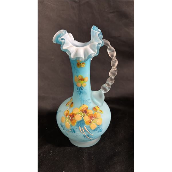 VICTORIAN SATIN GLASS EWER SHAPED VASE WITH PAINTED FLOWERS: 9" TALL