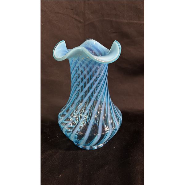 FENTON STEIGEL BLUE OPALESCENT SPIRAL OPTIC VASE: 9.5" TALL