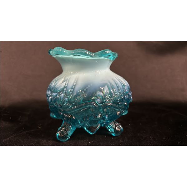 VINTAGE SOWERBY BLUE OPALESCENT "PIASA BIRD" 3-FOOTED ROSE BOWL: 4.25" TALL