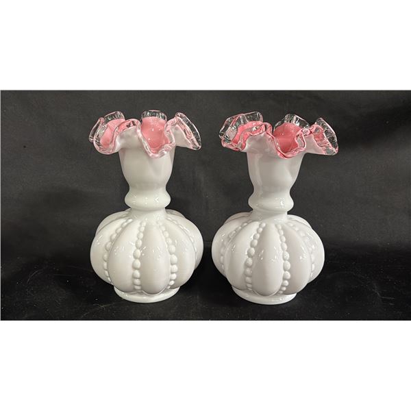 (2) FENTON PEACH CREST BEADED MELON VASES: 6" TALL
