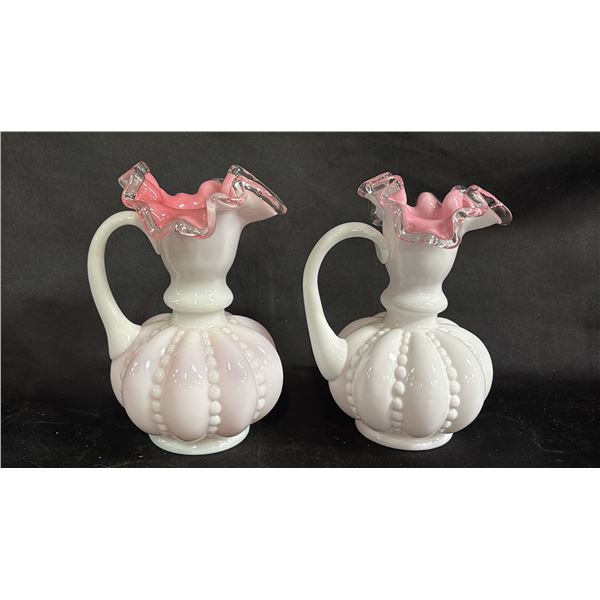 (2) FENTON PEACH CREST BEADED MELON PITCHER/VASES: 6" TALL