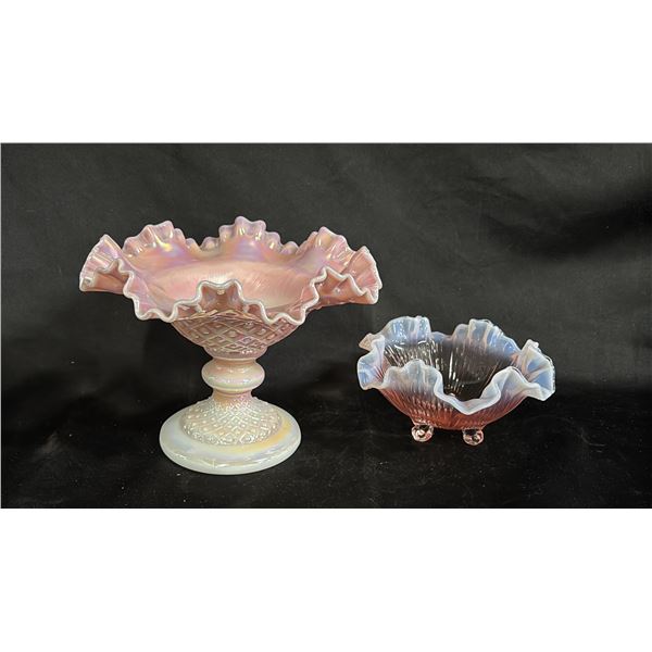 FENTON 6"T ROSALENE IRIDIZED MOM NYMPH BOWL (*NO NYMPH*) & FENTON PINK RUFFLED BOWL