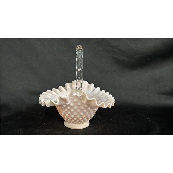 FENTON PINK HOBNAIL MILK GLASS BASKET WITH CLEAR GLASS HANDLE: 8" T X 7" W