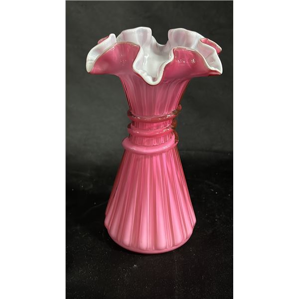 FENTON WILD ROSE OVERLAY WHEAT VASE: 8" TALL