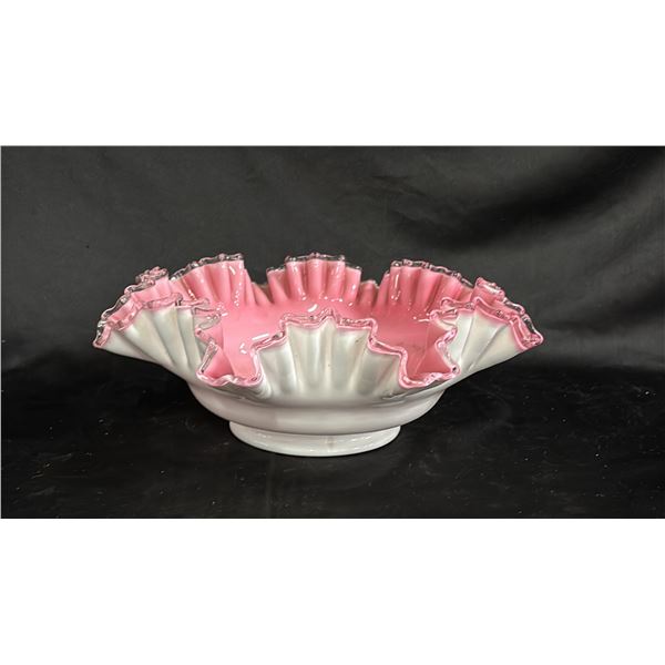 FENTON PEACH CREST MILK GLASS RUFFLED EDGE BOWL: 13" DIAMETER