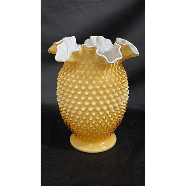 FENTON HOBNAIL HONEY AMBER OVERLAY VASE: 8" TALL