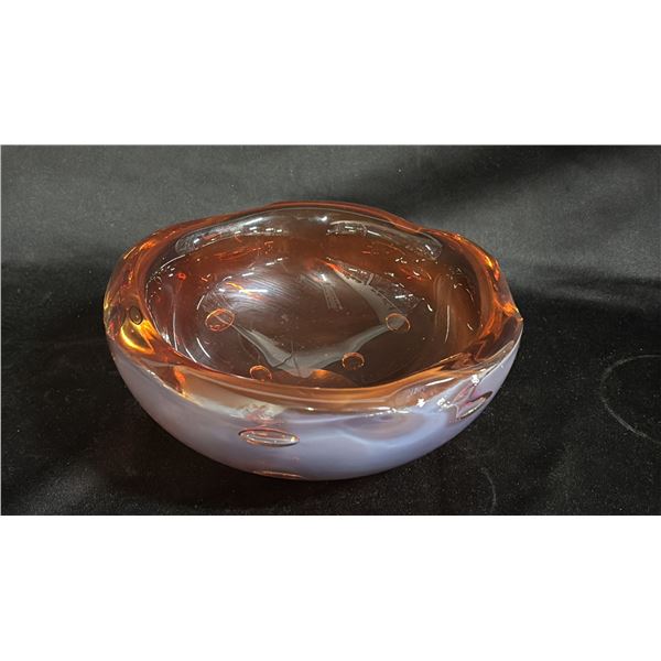 AMBER & PINK OPALINE AIR BUBBLE ART GLASS BOWL: 7.25" DIAMETER