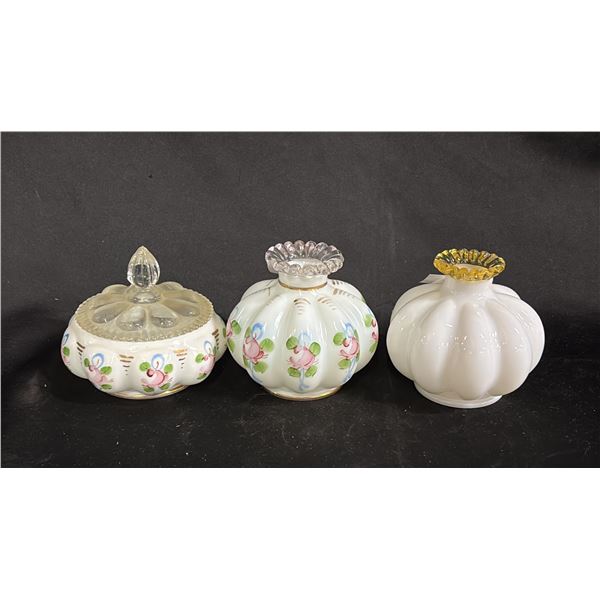 (2) FENTON 4" TALL BUD VASES & (1) FENTON CHARLESTON ROSE POWDER JAR