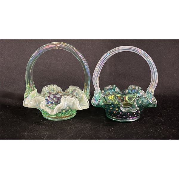(2) FENTON SMALL GREEN IRIDESCENT GLASS BASKETS: 4.5" TALL