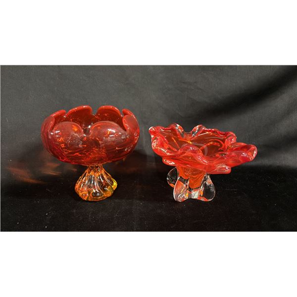 (2) ORANGE ART GLASS PEDESTAL BOWLS: LARGER ONE IS 6" TALL
