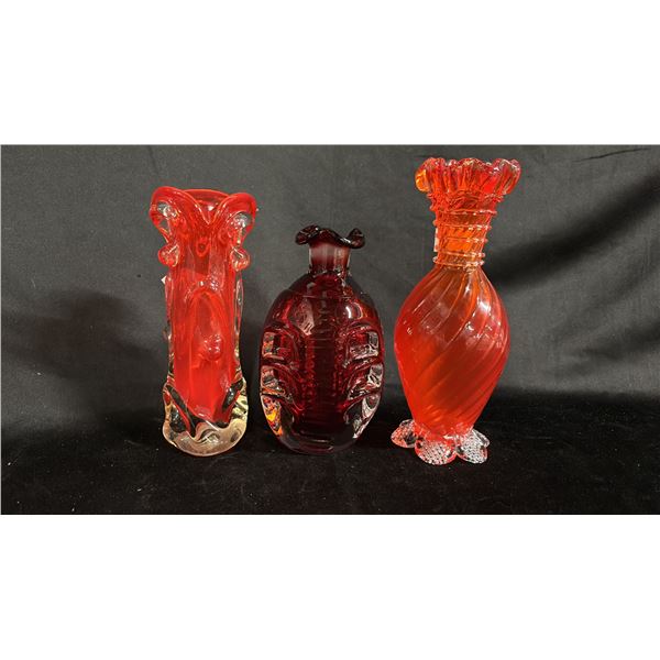 (1) RED & (2) ORANGE ART GLASS VASES: TALLEST IS 9"