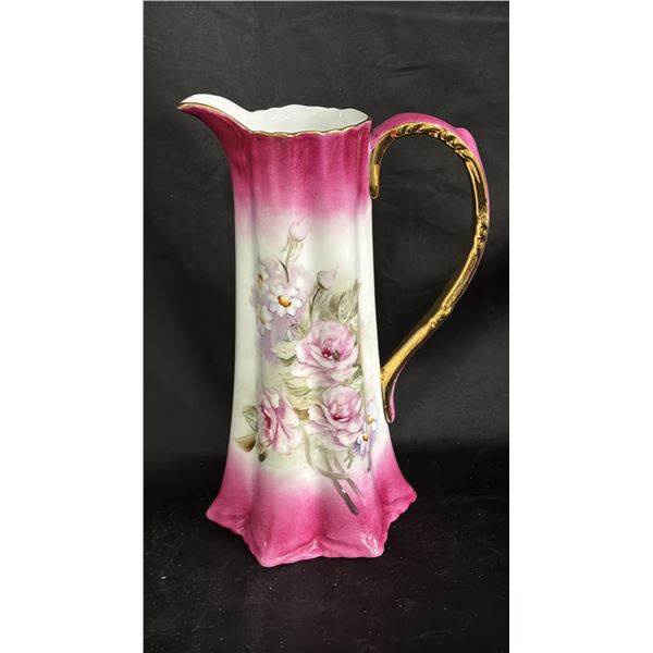 VINTAGE HAND PAINTED 10.5"T PORCELAIN EWER: "PORTUGUESE WORDS PAINTED ON BOTTOM"