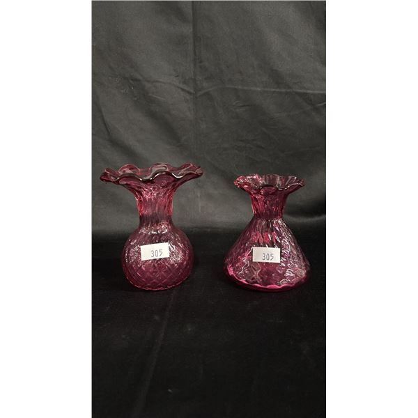 (2) CRANBERRY GLASS VASES: TALLEST IS 6"