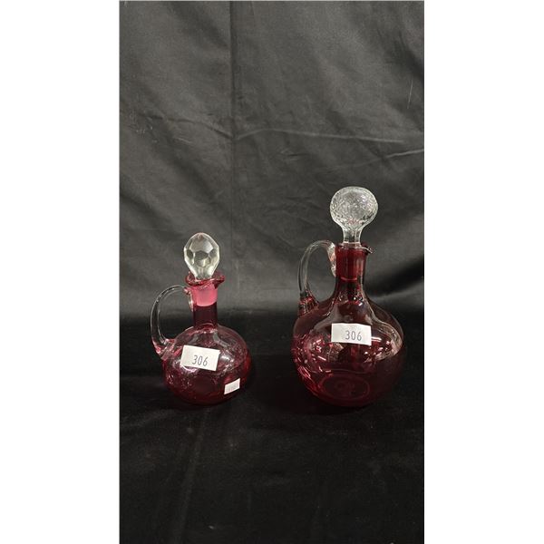 CRANBERRY GLASS 8.5"T DECANTER & CRANBERRY GLASS 6"T CRUET