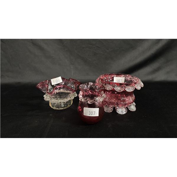 CRANBERRY GLASS BUD VASE & (2) CRANBERRY GLASS BOWLS