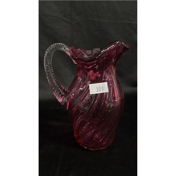 CRANBERRY ART GLASS PITCHER WITH CLEAR GLASS HANDLE: 9"T