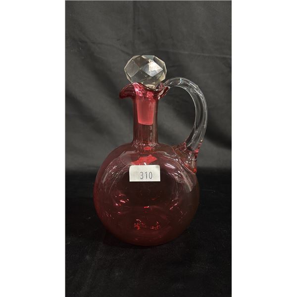 CRANBERRY GLASS DECANTER: 9"T - *MAY NOT HAVE THE ORIGINAL STOPPER*