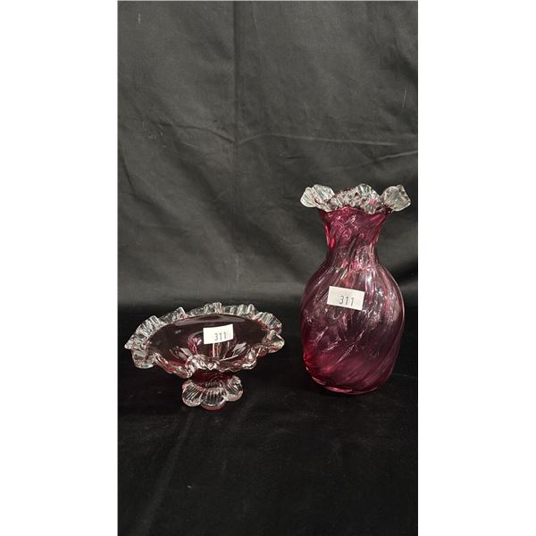 CRANBERRY ART GLASS VASE (9") & RUFFLE EDGE BOWL (6.5" DIA)