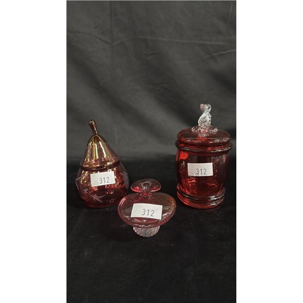 (3) PCS OF CRANBERRY GLASS: SMALL BUD VASE, LIDDED CONTAINER & PEAR-SHAPED LIDDED CONTAINER