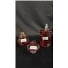 Image 1 : (3) PCS OF CRANBERRY GLASS: SMALL BUD VASE, LIDDED CONTAINER & PEAR-SHAPED LIDDED CONTAINER