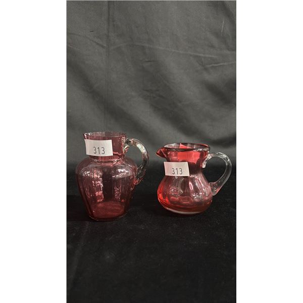 (2) CRANBERRY GLASS PITCHERS: TALLEST IS 4.5"