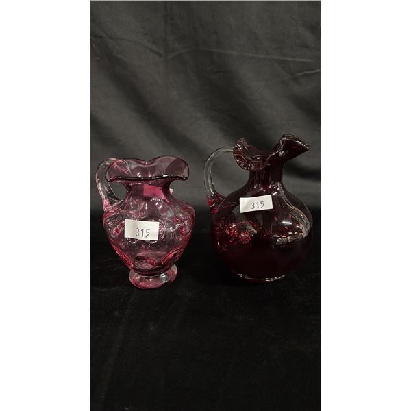 1 CRANBERRY GLASS PITCHER & 1 RUBY GLASS PITCHER: TALLEST IS 7"