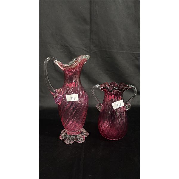 CRANBERRY GLASS 7"T VASE & CRANBERRY GLASS 11"T PITCHER