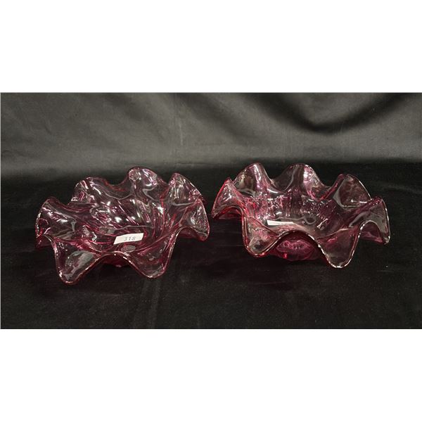 (2) CRANBERRY GLASS RUFFLED EDGE BOWLS: LARGER BOWL IS 8.5" DIAMETER