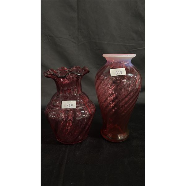 (2) CRANBERRY GLASS VASES: TALLEST IS 10"