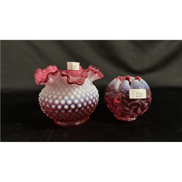 HOBNAIL CRANBERRY & MILK GLASS VASE & CRANBERRY GLASS VASE: LARGER IS 5"T