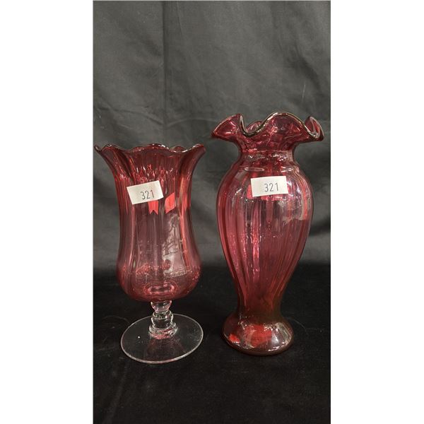 FENTON CRANBERRY RUFFLED TOP 11"T VASE & CRANBERRY ART GLASS 10"T PEDESTAL VASE