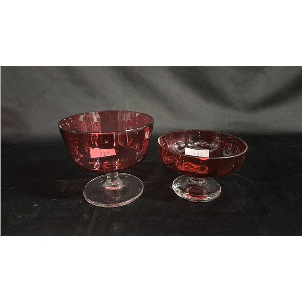 (2) CRANBERRY GLASS COMPOTES: LARGER DISH IS 4"T