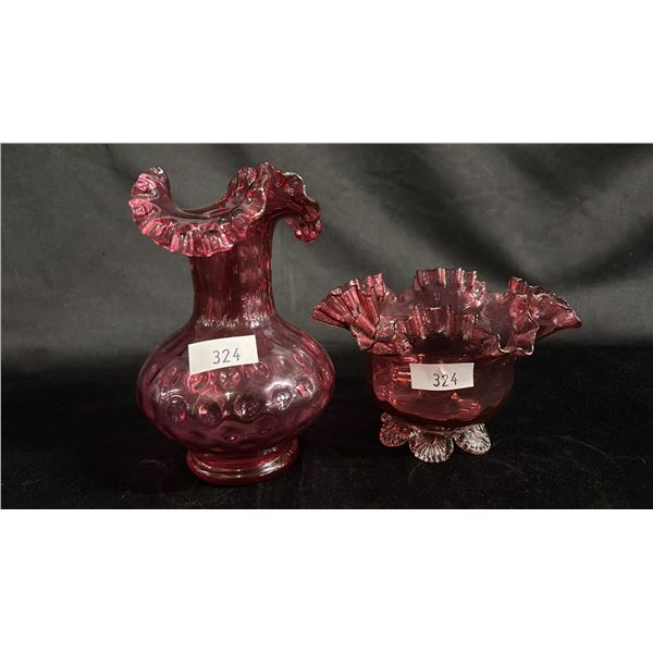 CRANBERRY GLASS 7.5"T POLKA DOT VASE & CRANBERRY GLASS RUFFLED EDGE 6.5"W COMPOTE