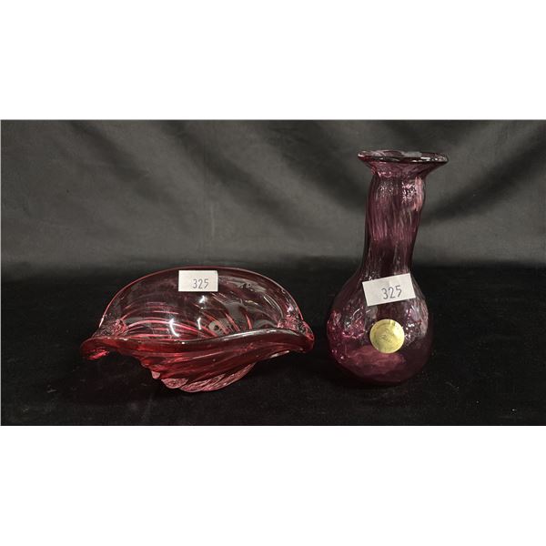 (2) PIECES OF ROSSI ART GLASS: 7"W CRANBERRY BOWL & 8"T PURPLE VASE