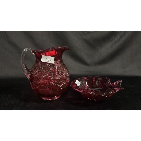CRANBERRY GLASS 7"T PITCHER & CRANBERRY ART GLASS 6.5"W BOWL