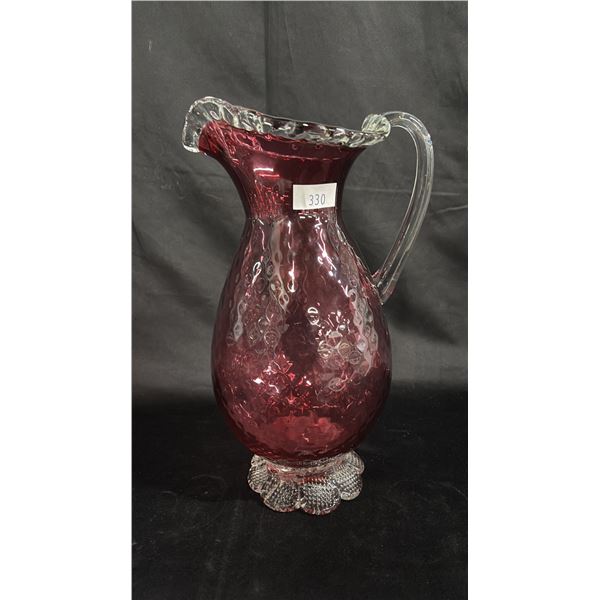 LARGE 14"T CRANBERRY ART GLASS PITCHER WITH CLEAR GLASS BASE & HANDLE