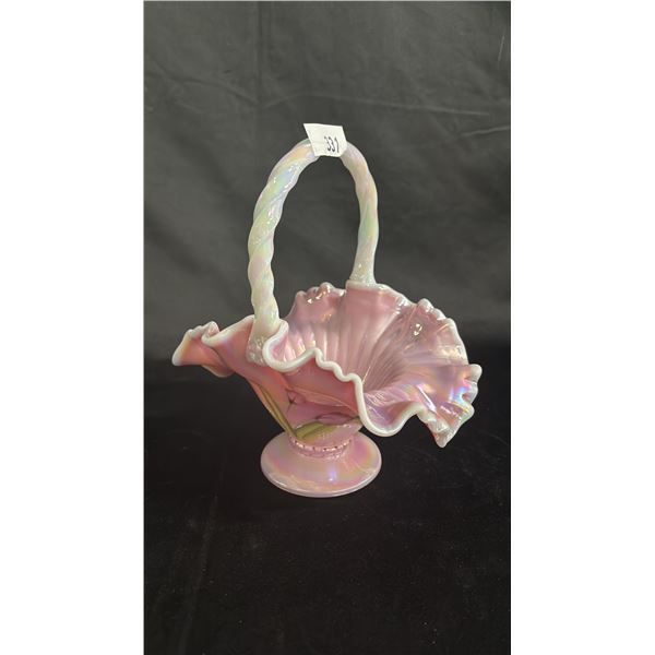 FENTON "THE LEGACY COLLECTION" ROSALENE IRIDESCENT GLASS TULIP BASKET: 9.5" TALL