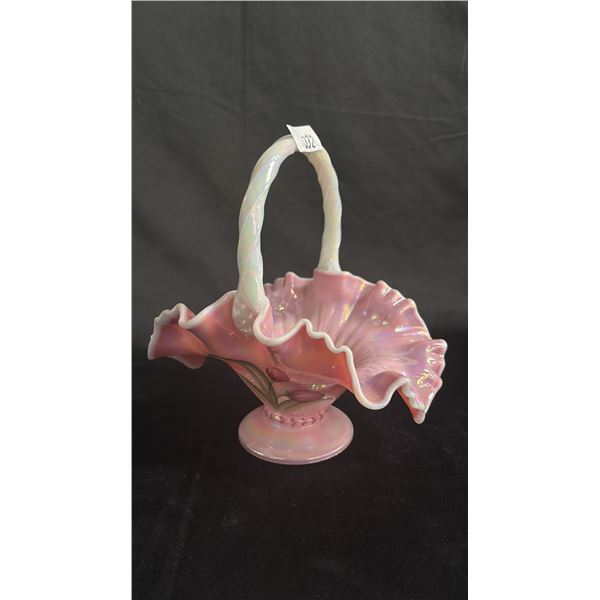 FENTON "THE LEGACY COLLECTION" ROSALENE IRIDESCENT GLASS TULIP BASKET: 9.5" TALL