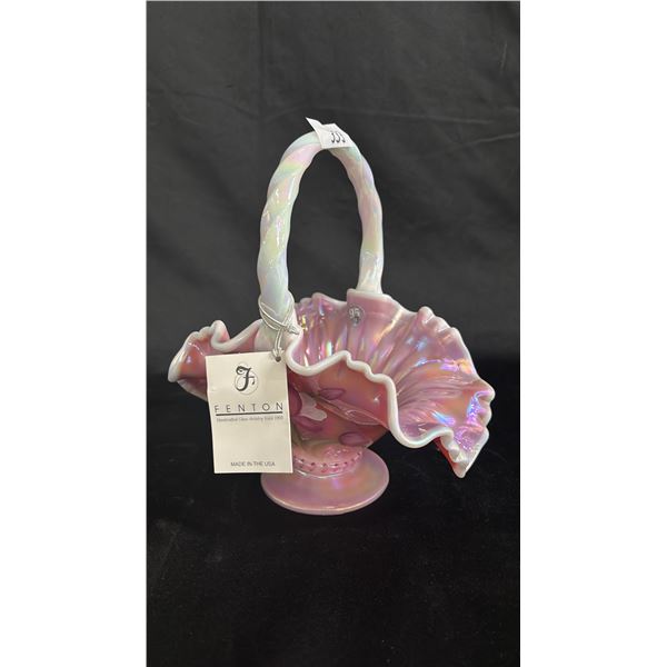 FENTON "THE LEGACY COLLECTION" ROSALENE IRIDESCENT GLASS TULIP BASKET: 9.5" TALL