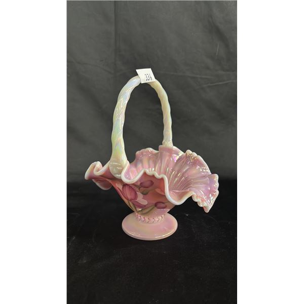 FENTON "THE LEGACY COLLECTION" ROSALENE IRIDESCENT GLASS TULIP BASKET:  9.5" TALL