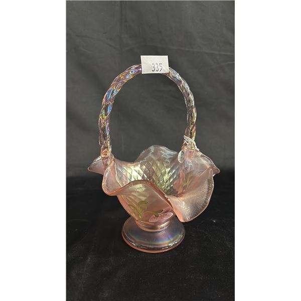 FENTON IRIDESCENT SUNSET PEACH GLASS BASKET: 9" TALL