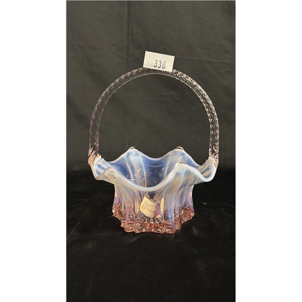FENTON OPALESCENT PINK VULCAN PATTERN GLASS BASKET: 8.5" TALL