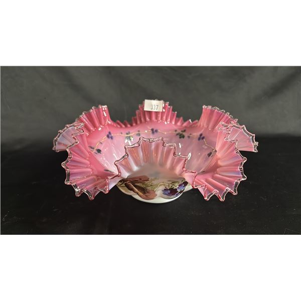 FENTON PINK & WHITE HAND PAINTED CRIMP AND RUFFLE BOWL - 12" DIAMETER