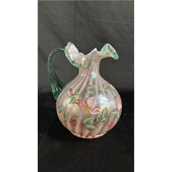 FENTON OPALESCENT PINK SWIRL OPTIC-HAND GLASS PAINTED PITCHER: 7" TALL