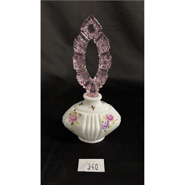 FENTON CHARLETON COLLECTION HAND PAINTED PERFUME BOTTLE WITH STOPPER: 8" T