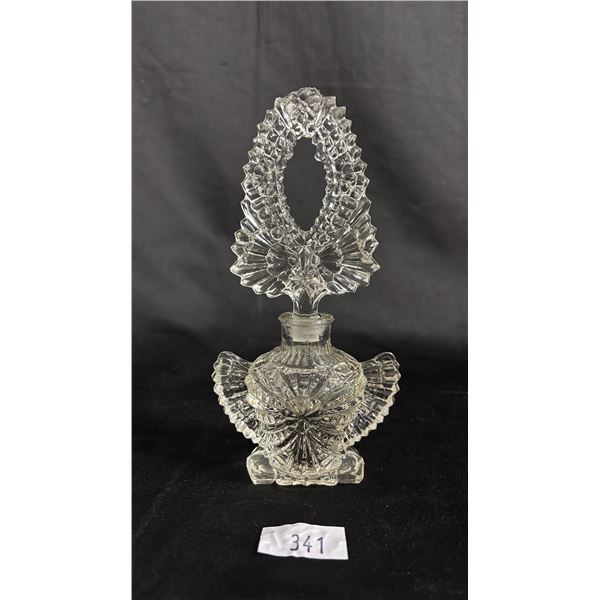 VINTAGE PRESSED GLASS PERFUME BOTTLE WITH STOPPER: 8" TALL